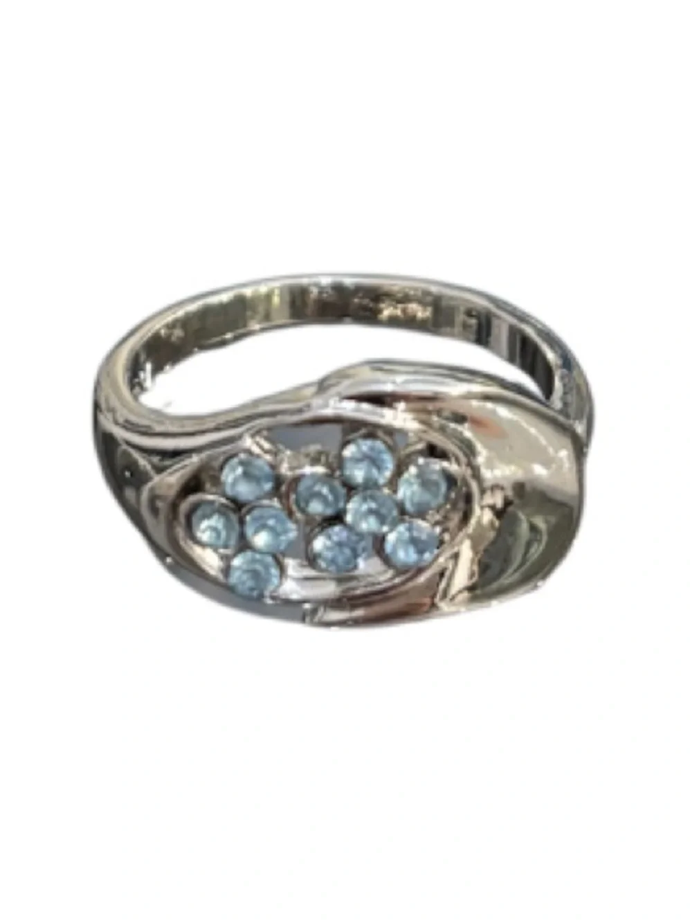 Aquamarine Blue Crystal Rhinestones Statement Ring Silver Facet Cluster Cocktail